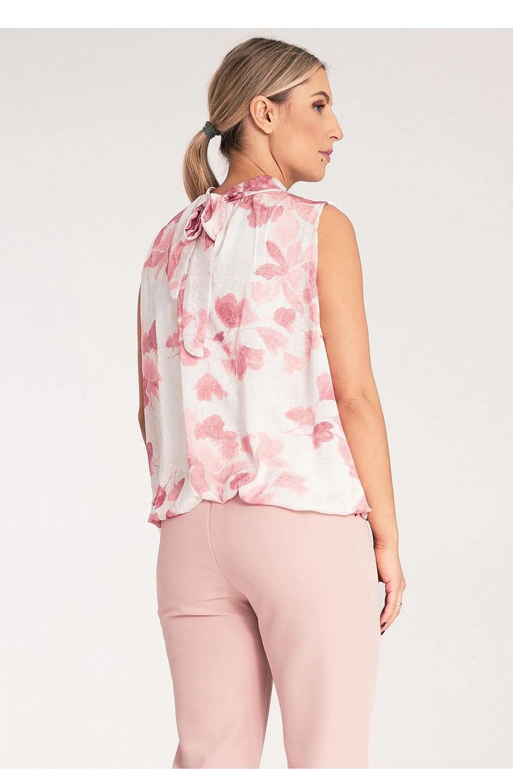 chemisier femme sans manches col montant froncé motif floral rose fond blanc polyester léger doublure viscose