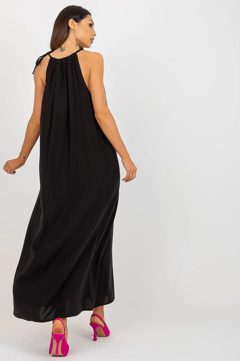 Robe de jour élégante Och Bella longue ample bretelles nouées en coton 50% viscosé 25% len 25% taille ajustable femme