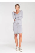 Robe de jour élégante femme manches longues encolure demi-ronde taille ajustable fabric stretchy soft grey