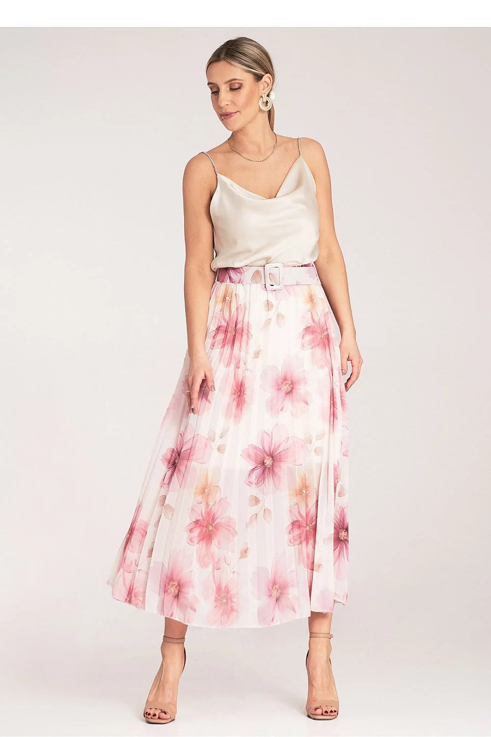 Jupe Figl midi plissée motif floral tissu léger taille haute ceinture ajustable tissu viscose élasthanne polyester femme élégance moderne romantique