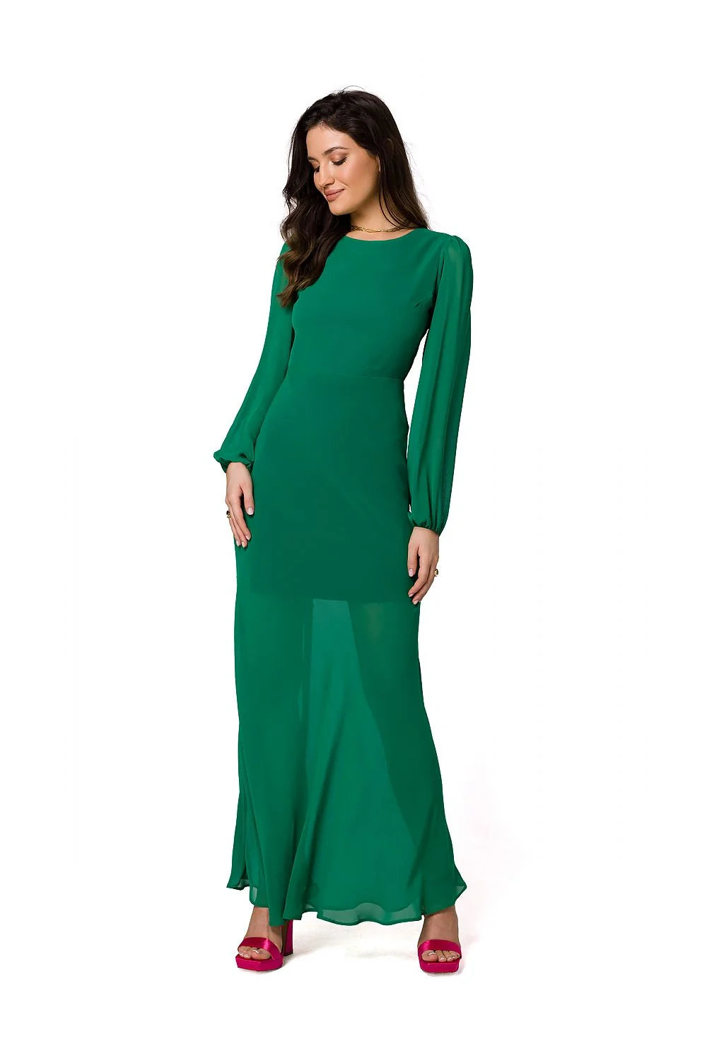 Robe de soirée élégante longue couleur verte manches longues en mousseline dos ouvert armature taille ajustable femme