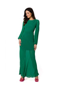 Robe de soirée élégante longue couleur verte manches longues en mousseline dos ouvert armature taille ajustable femme