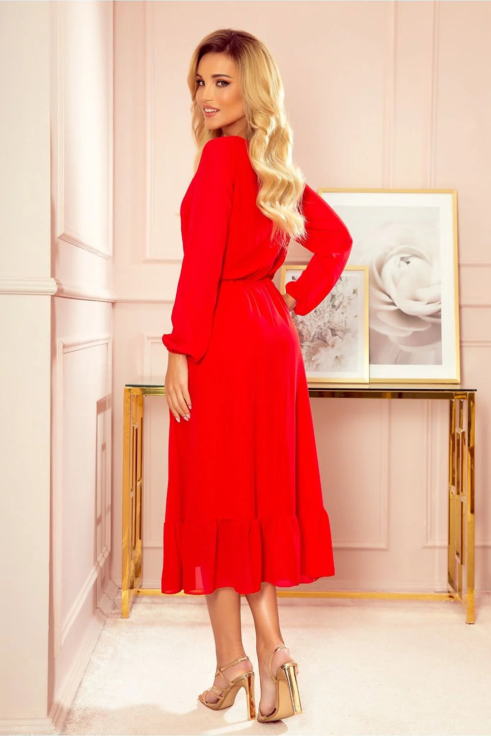 Robe cocktail femme en polyester élasthanne style moderne classique rose manches longues élégante soirée