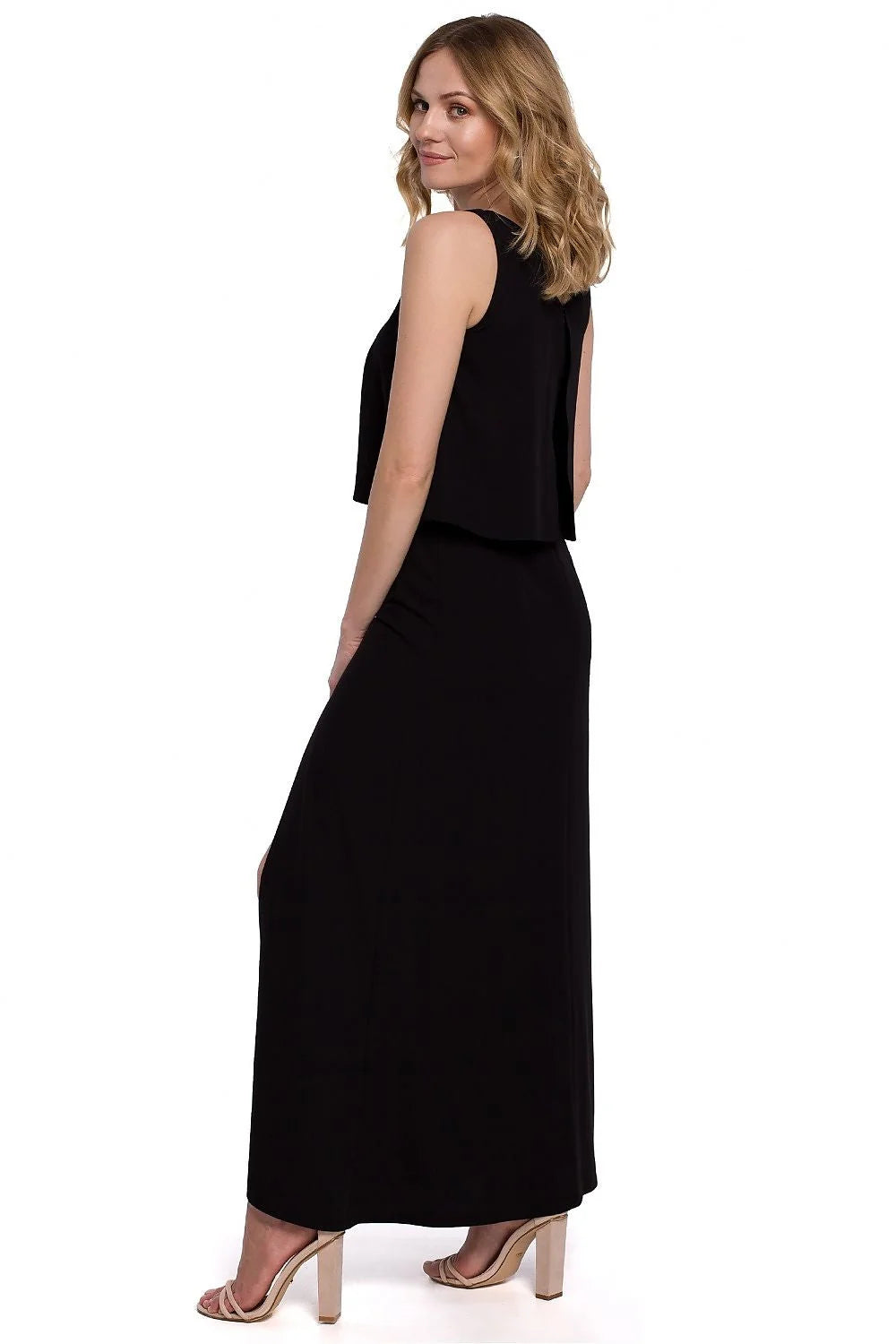 Robe cocktail polyester élasthanne longue corail sans manches élégante moderne fente latérale femme soirées