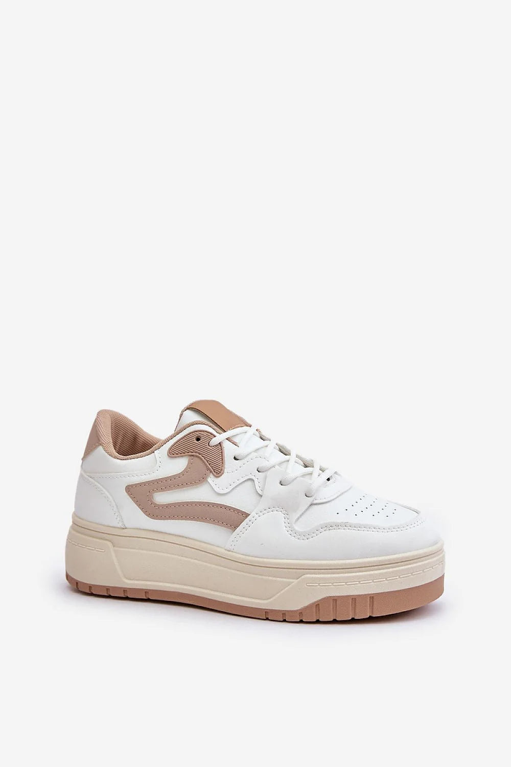 Chaussures de sport modernes pour femmes baskets cuir artificiel blanc beige perforées plateforme 4 cm confortable