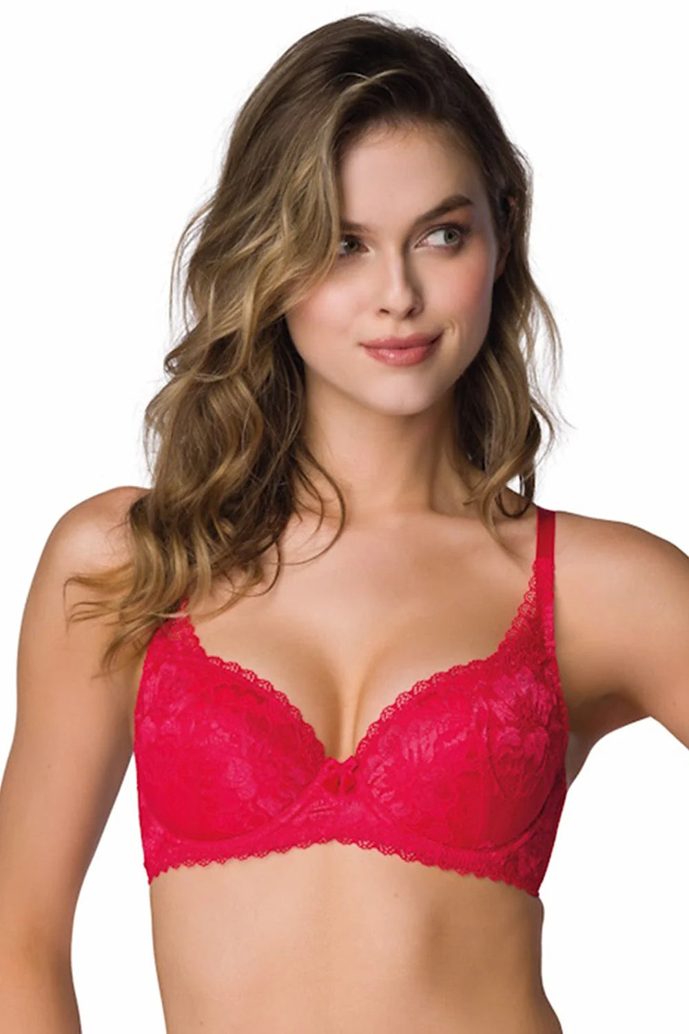 Soutien-gorge féminin élégant à armatures dentelle florale rouge vif cups rembourrées bretelles ajustables nœud décoratif lingerie confortable femme