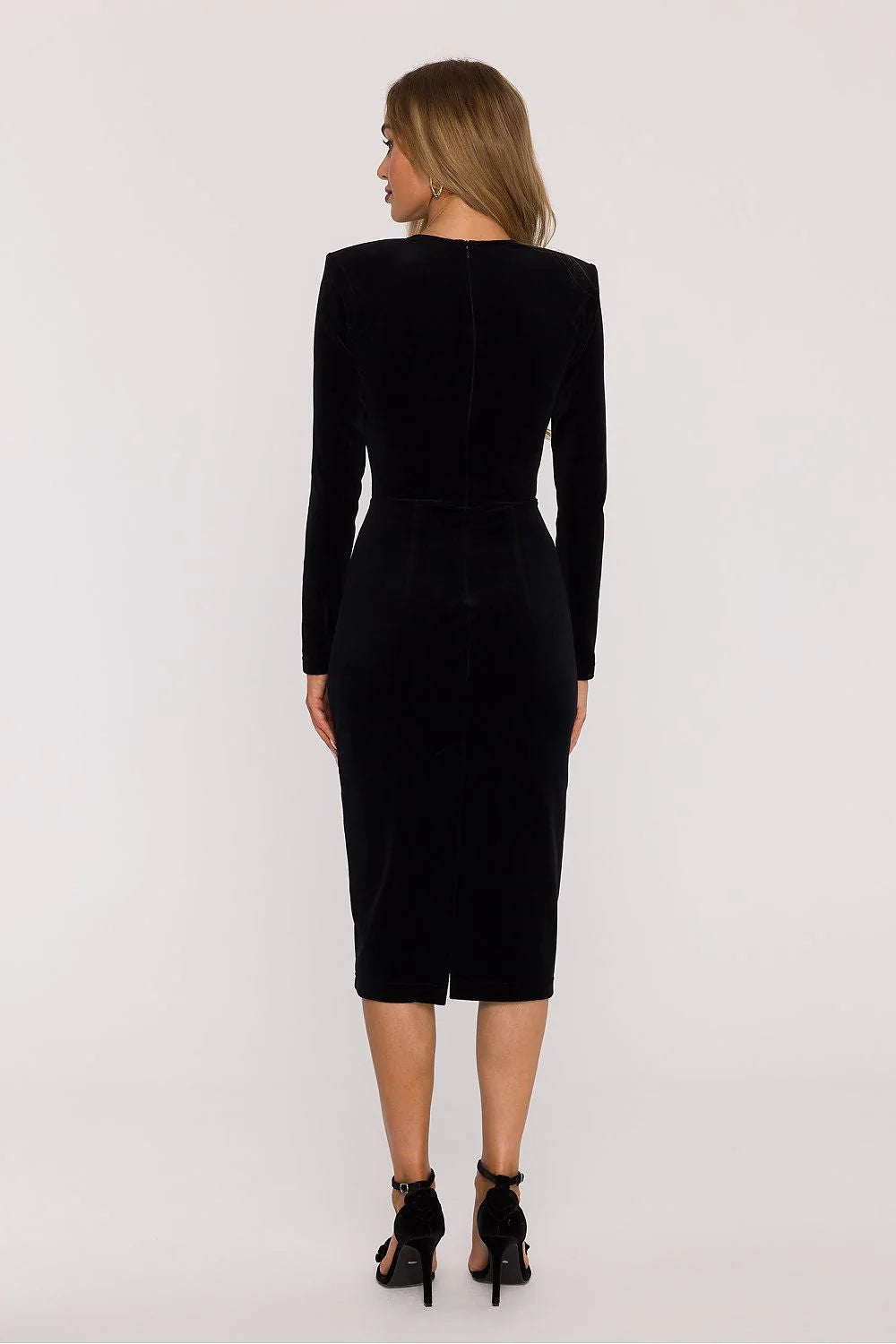 robe midi velours noir décolleté cœur manches longues coupe crayon taille marquée longueur genou fluide sophistiquée élégante polonaise