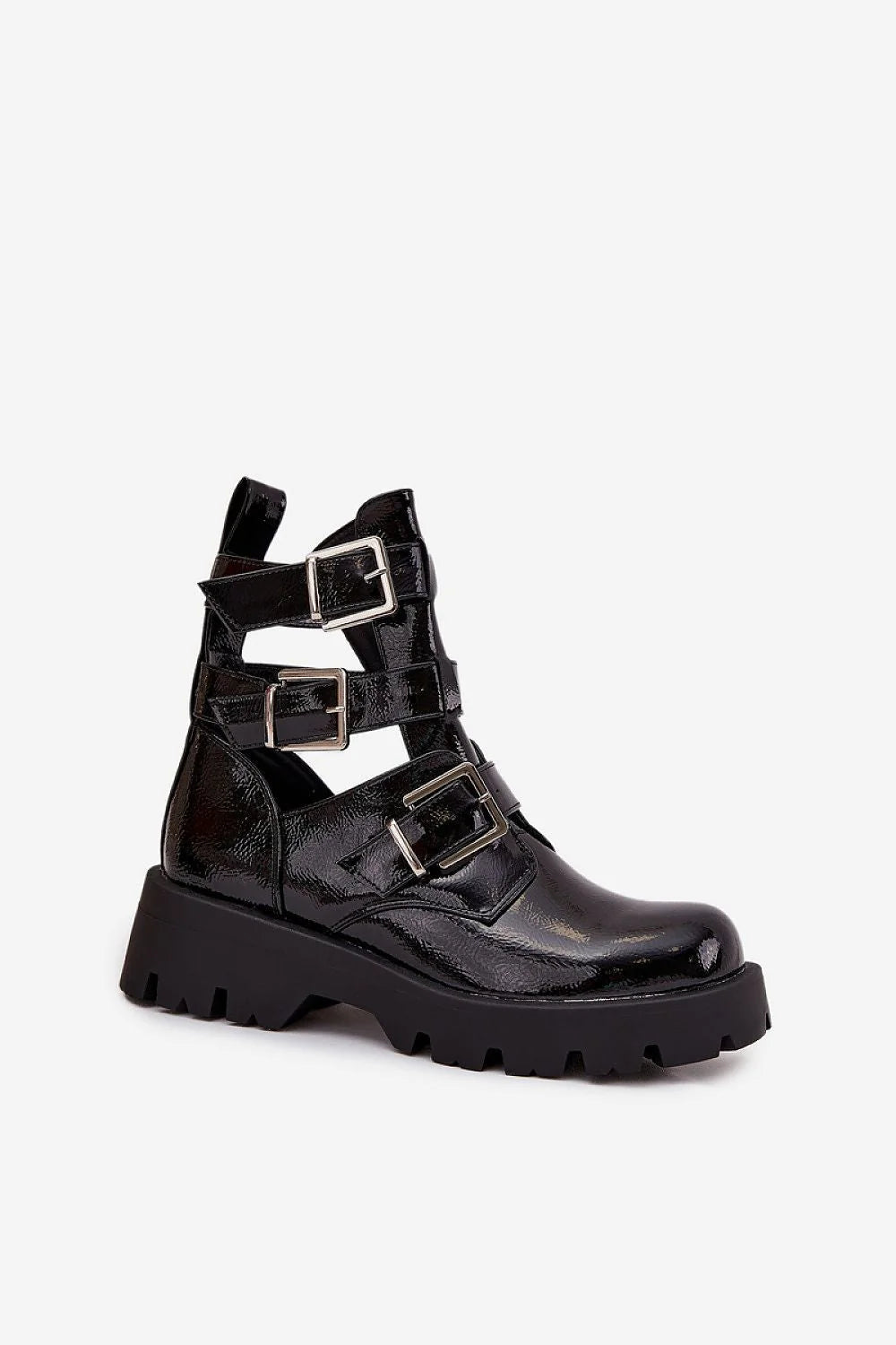 bottines femme biker rock cuir artificiel verni noir bout rond brides réglables grandes boucles métalliques argentées plateforme crantée semelle épaisse