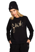 Bonnet Moe en maille stretch côtelée avec broderie dorée, sweat assorti col rond manches longues, ensemble mode femme élégant automne hiver