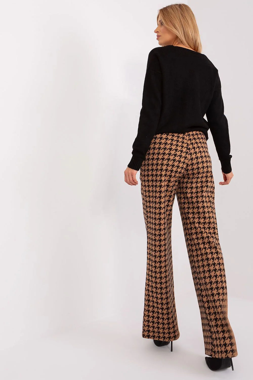 pantalon femme coton elasthanne confortable palazzo large évasé taille haute cordon ajustable peplum poches zippées pieddepoule noir camel