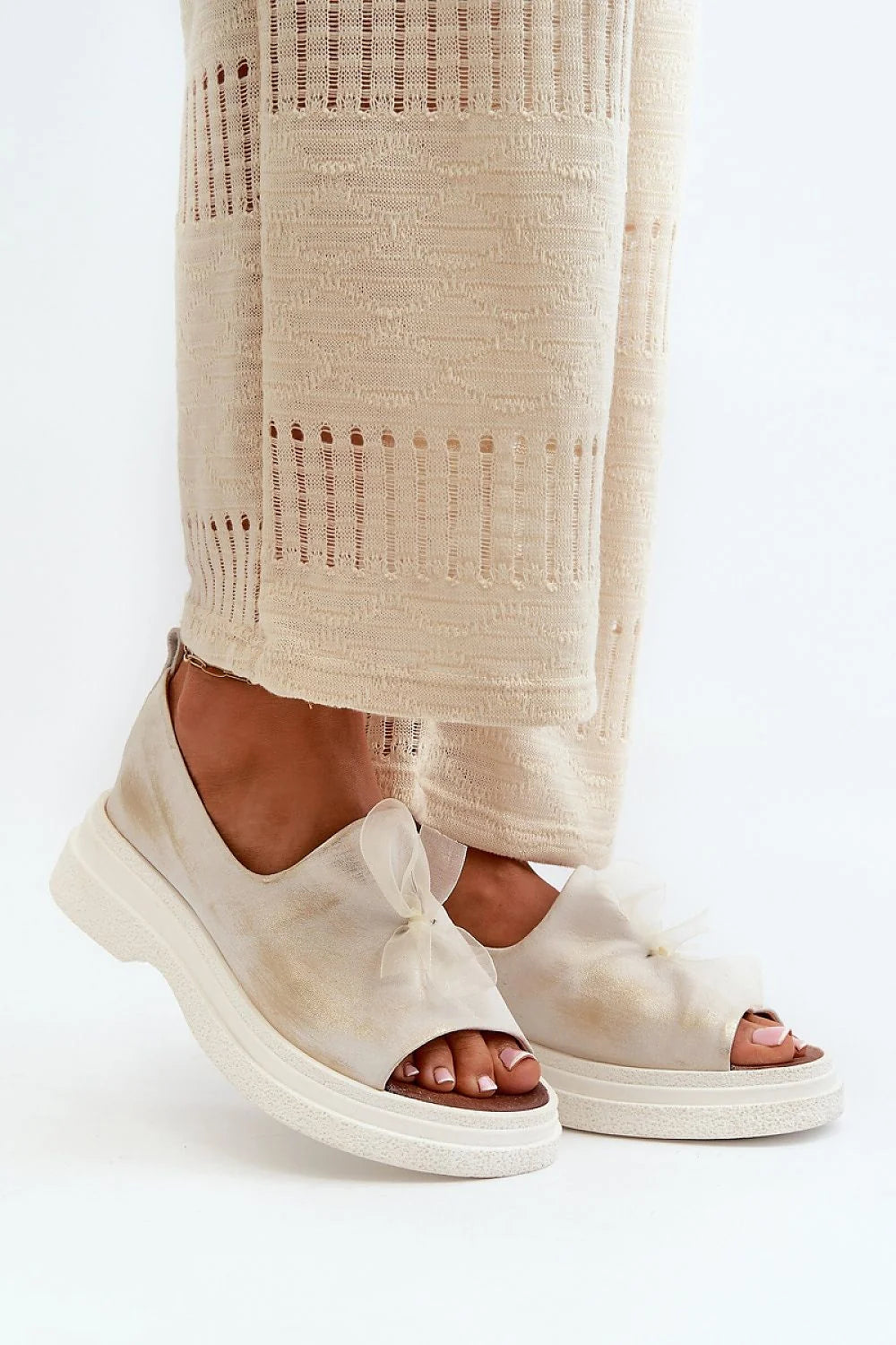 Sandales en cuir naturel pour femmes, style mule ouverte, semelle épaisse, nœud décoratif, beige clair, été 2023