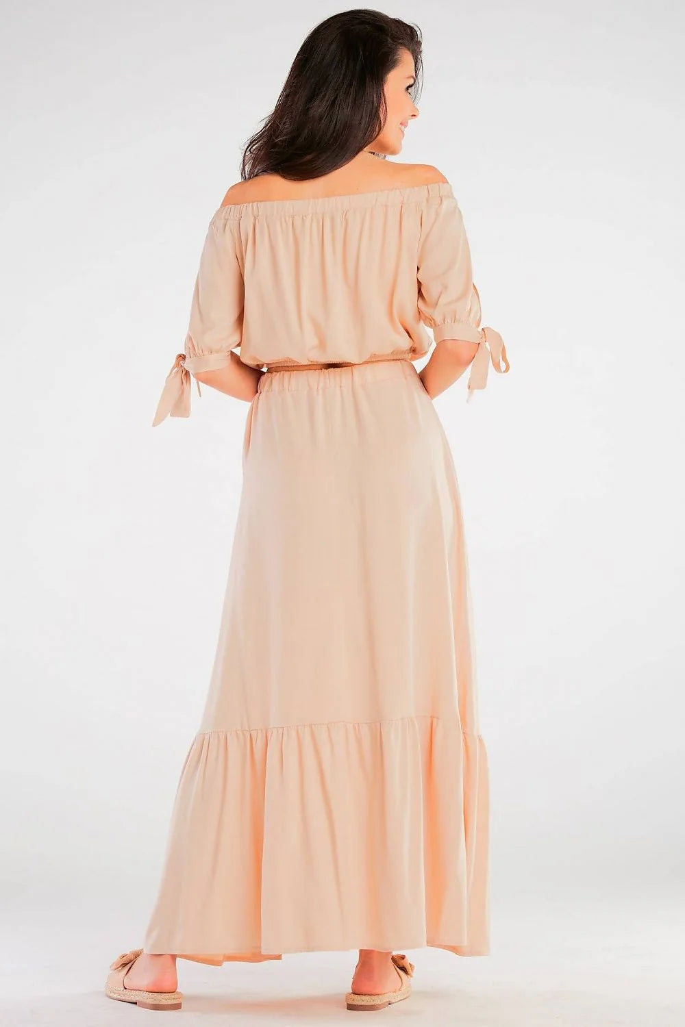 chemisier awama espagnol manches nouées beige nude viscose élasthanne bohème fluide ample épaules dénudées taille smockée jupe volant maxi