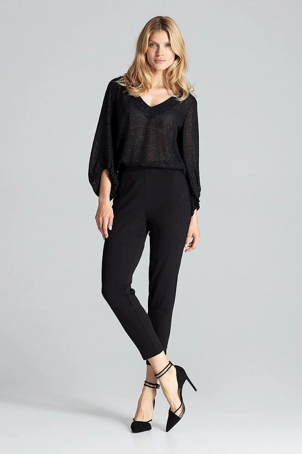 Pantalon femme noir brocart taille haute élasthanne polyester élégant fuselé semi-formel chic et confortable