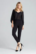 Pantalon femme noir brocart taille haute élasthanne polyester élégant fuselé semi-formel chic et confortable