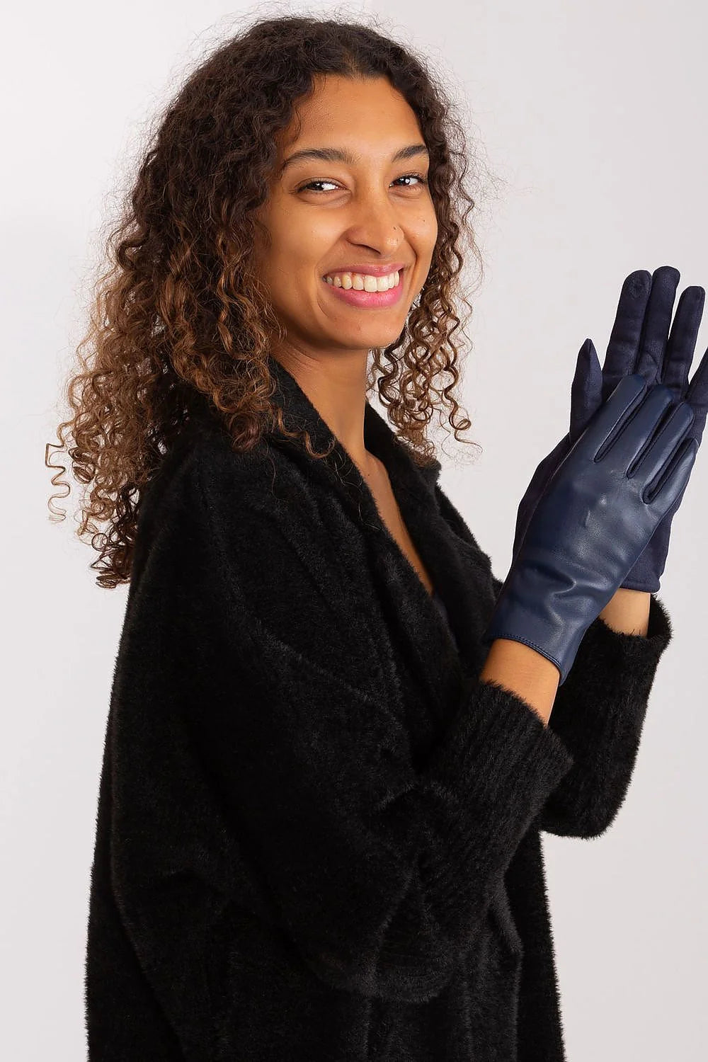 Gants élégants pour femmes en cuir lisse bleu marine, style classique, index fleuri, polyuréthane 50% polyester 40% spandex 10%