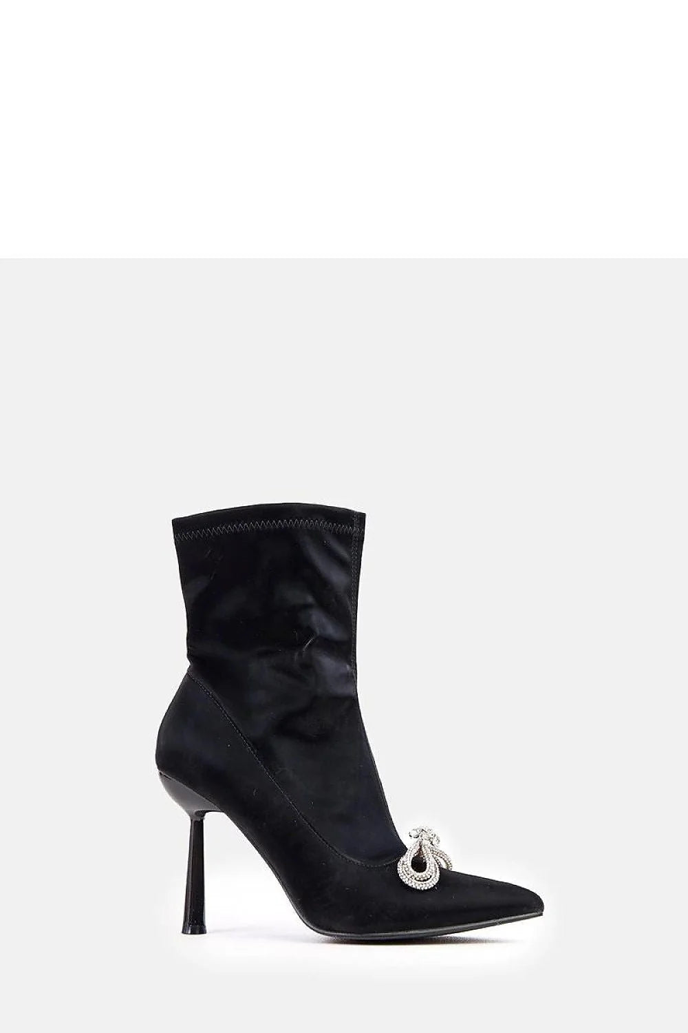 bottines satin velours noir stretch cheville talon aiguille bout pointu nœud zircone bijou semelle cuir écologique confortable fermeture zippée élégante
