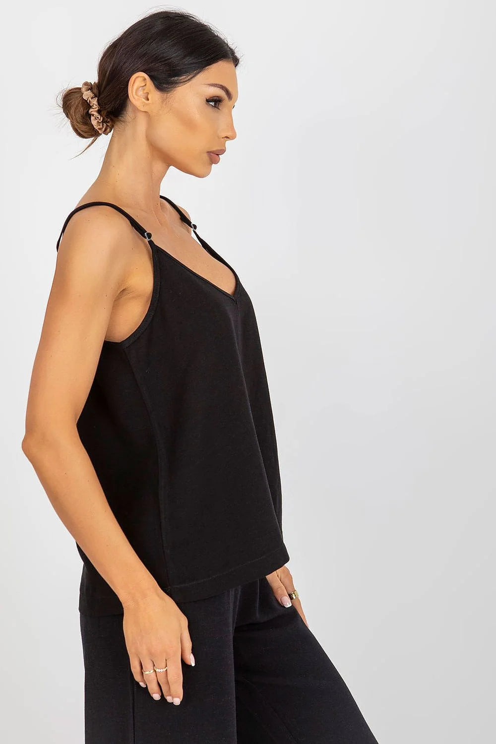 Débardeur pour femme ample bretelles ajustables col V noir coton 50% len 25% viscose 25% taille ajustable S M L XL