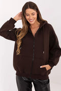sweatshirt zippé femme oversize chocolat molleton doux manches ballon broderies tonales motif floral poches kangourou cordon embouts métal