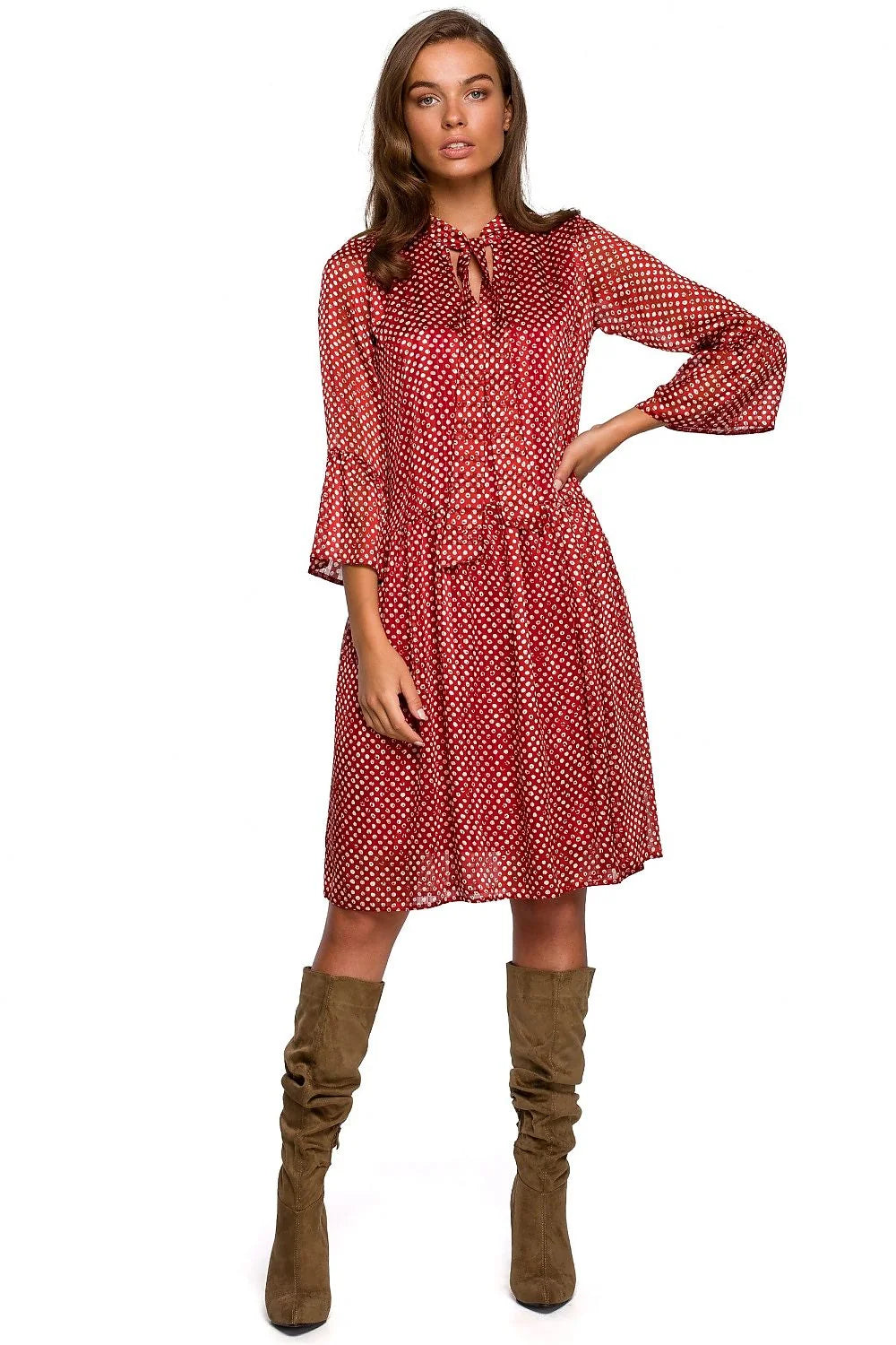 Robe en polyester chic décontractée motifs à pois manches longues évasées pour femmes élégantes et stylées
