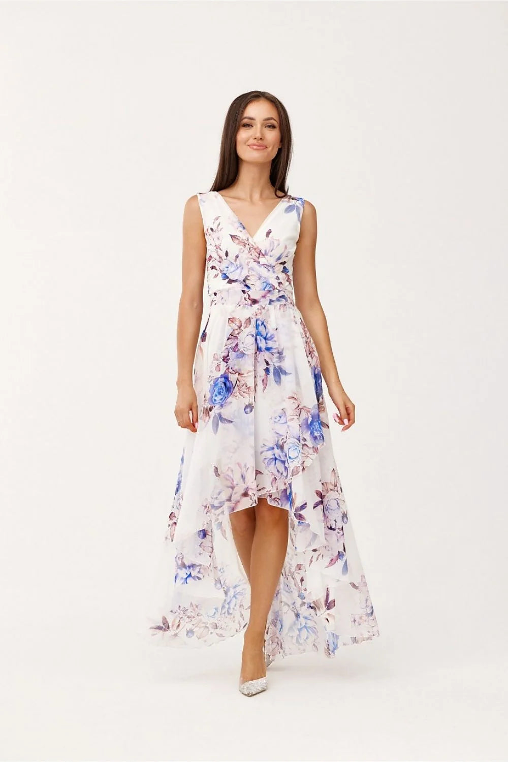 Robe de cocktail élégante longue sans manches décolleté V croisé motifs floraux bleu rose femme