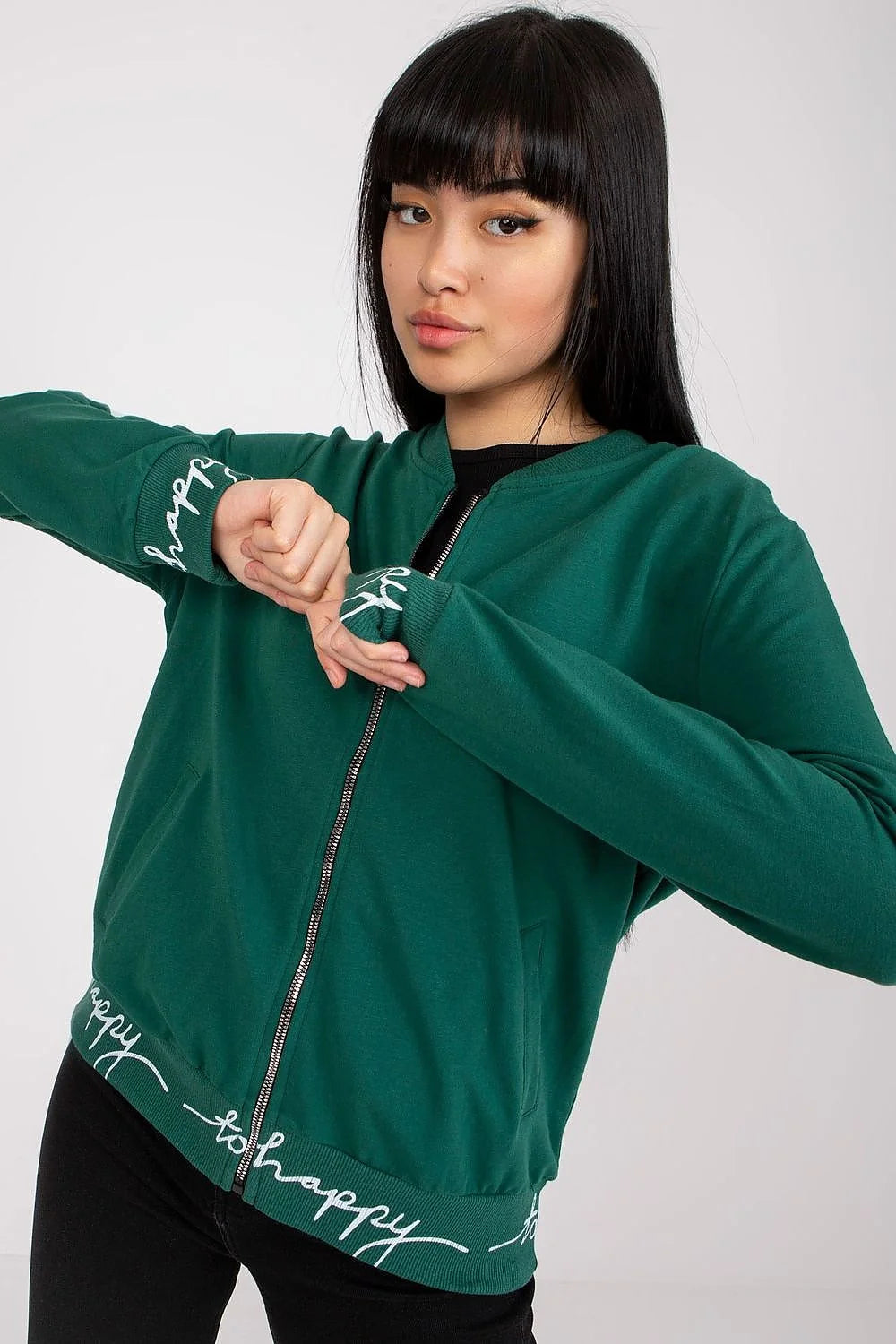 Sweatshirt femme décontracté moderne manches longues vert foncé coton élasthanne ceinture écriture happy tailles S/M L/XL