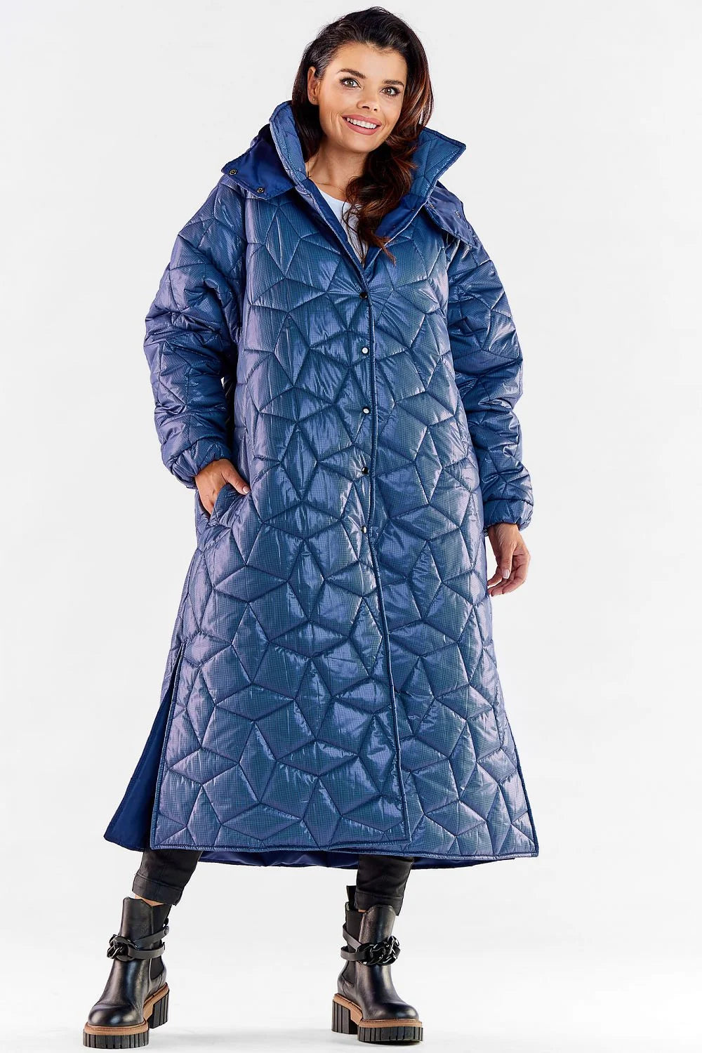 Manteau long pour femmes design moderne fonctionnel matelassé capuche Metallic blue polyester 100% taille L/XL S/M