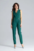 Combinaison femme sans manches vert émeraude revers étroits encolure enveloppe boutons métal polyester viscose coupe ajustée élégance professionnelle soirée