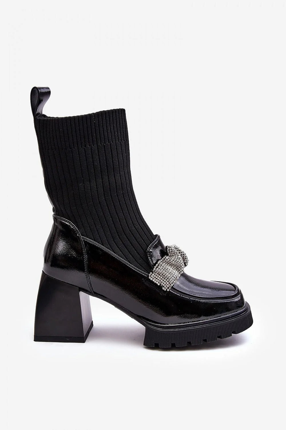 bottes talon carré épais cuir artificiel verni brillant tige chaussette côtelée bride noeud pavé strass semelle crantée maintien confortable urbain