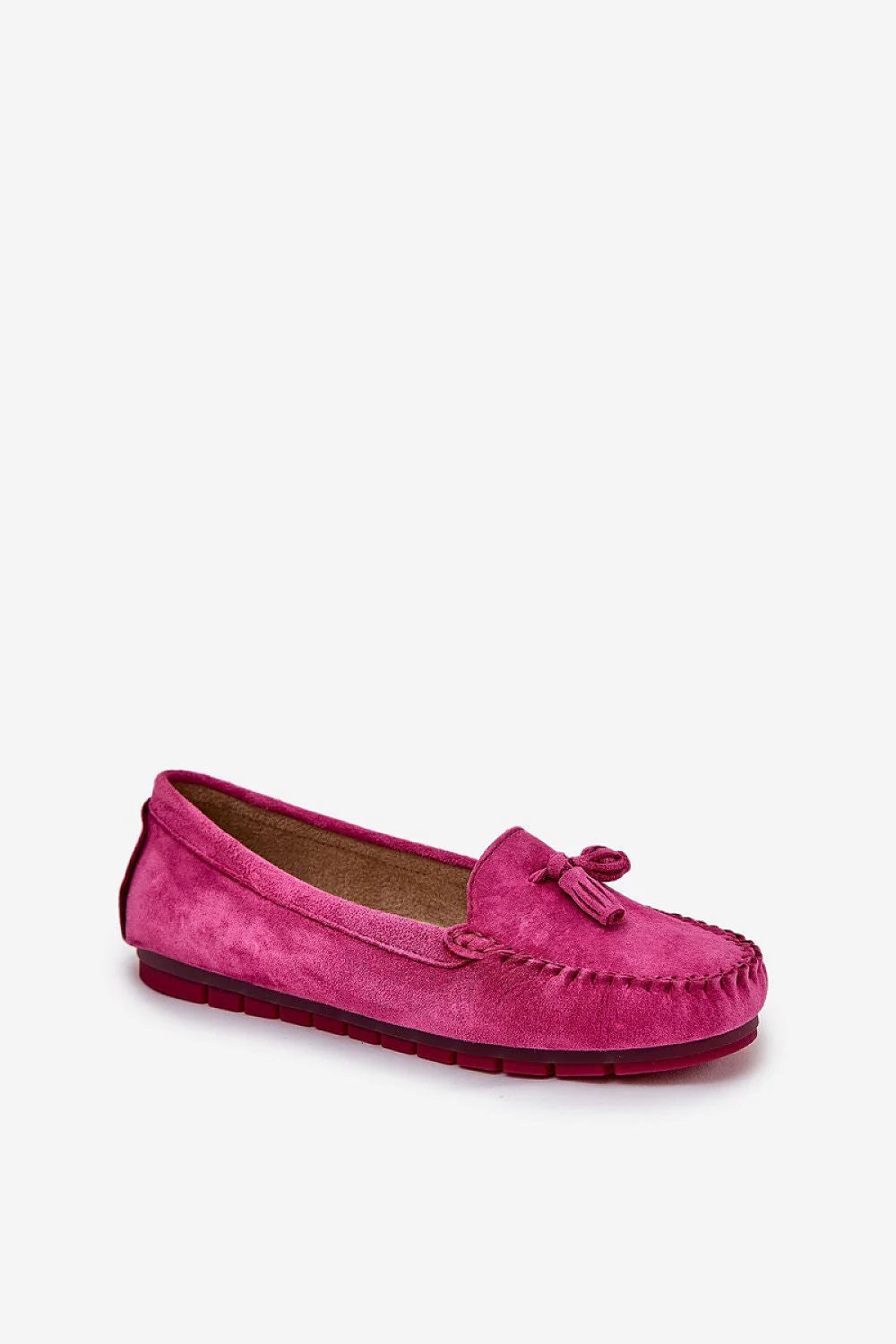 Mocassins élégants pour femmes en daim naturel, style classique, couleur rose vif, pompon central, confort tout le jour, taille ajustable, 36-40