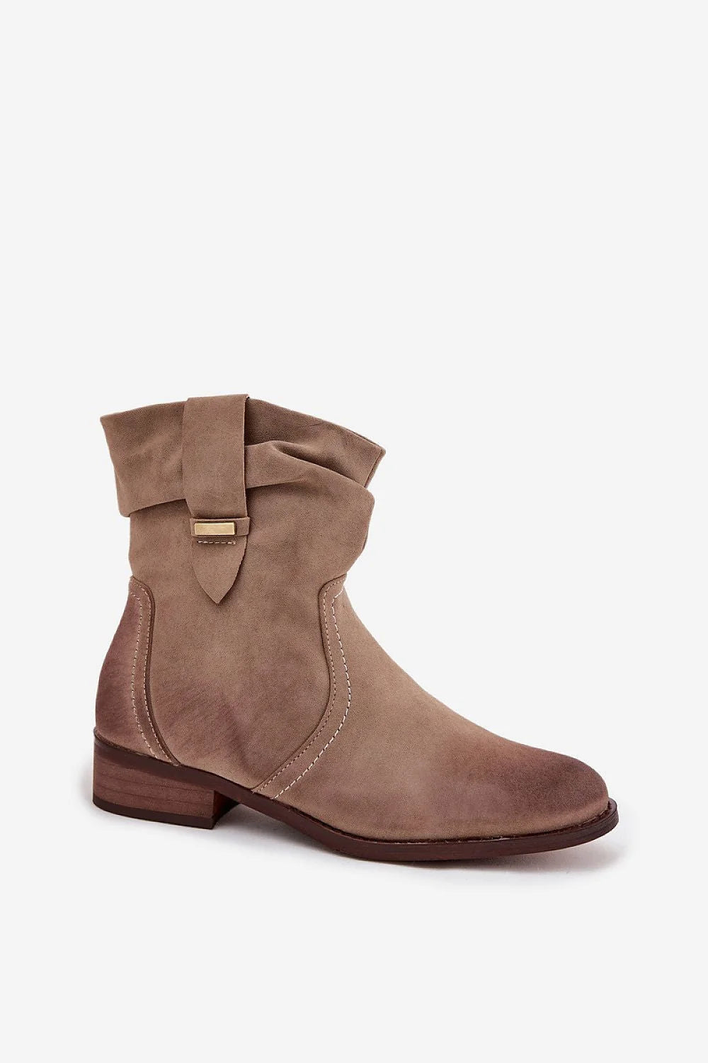 bottines femme suède écologique souple tige froncée doublure fourrure confort fermeture éclair latérale bride décorative boucle dorée talon bas