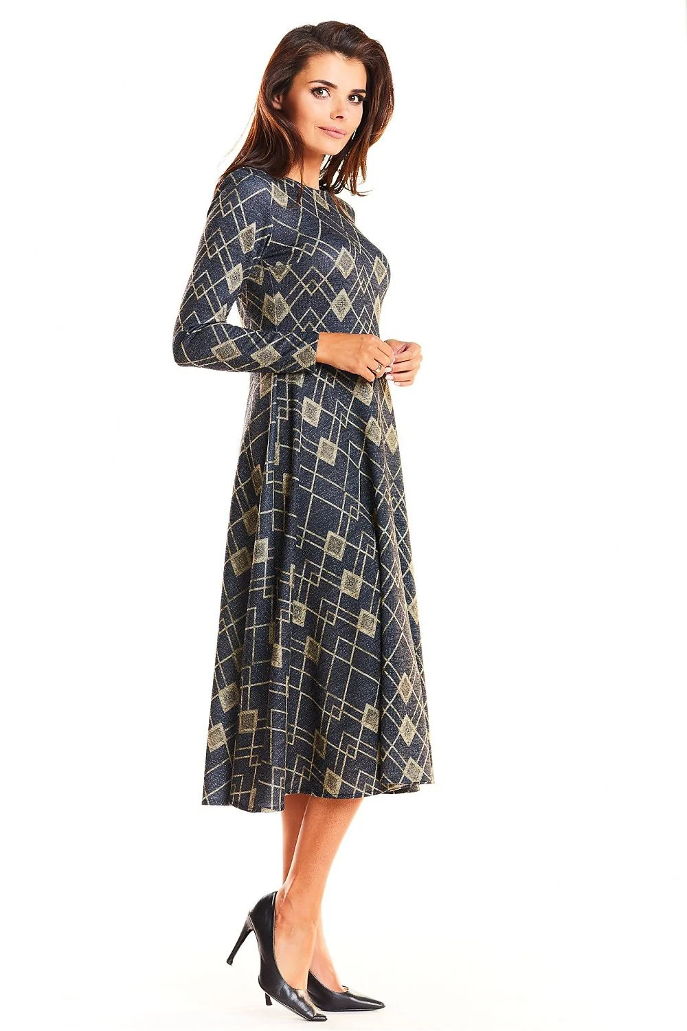 Robe évasée tissée élégante motifs géométriques dorés manches longues bleu marine style moderne féminine