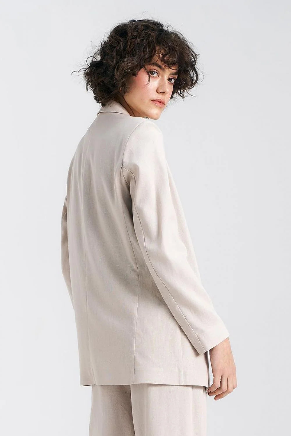 Veste Nife pour femme en viscose, lin et coton, coupe droite, col à revers, beige clair, sans fermeture, look professionnel et moderne