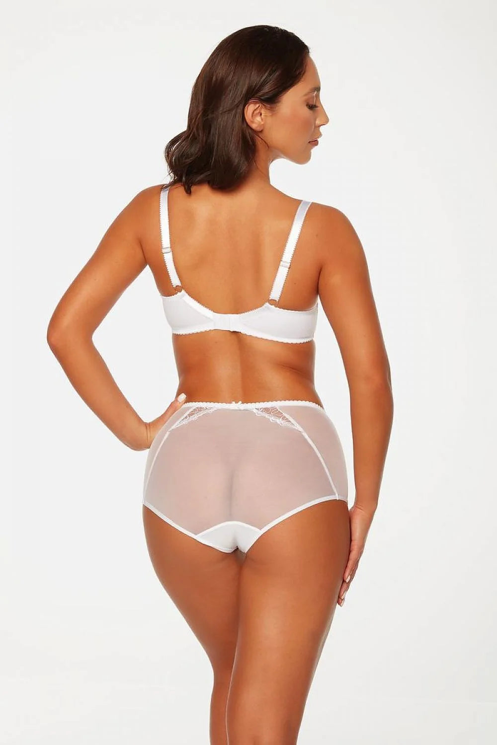 Ensemble de lingerie féminine élégant en dentelle raffinée avec motifs floraux blancs, bretelles ajustables, nœud central, taille haute, soutien optimal, confort max, luxe et sophistication pour occasions spéciales ou quotidien