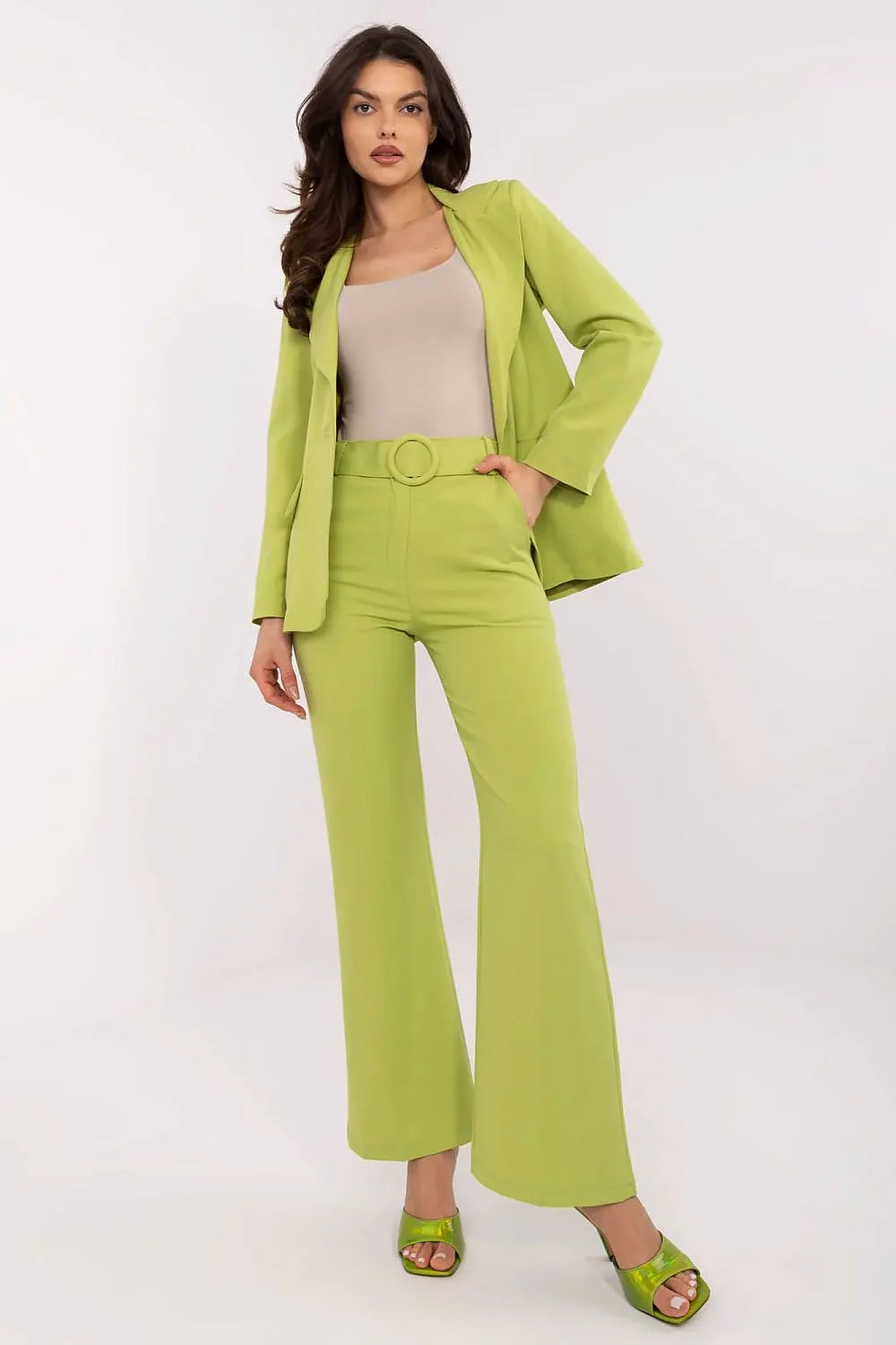 Pantalon femme Italy Moda coupe évasée vert lime blazer assorti matelassé taille haute occasion formelle
