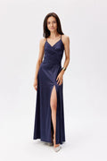 Robe de soirée élégante longue manches épaules fines dos croisé dentelle bleu marine taille ajustable femme