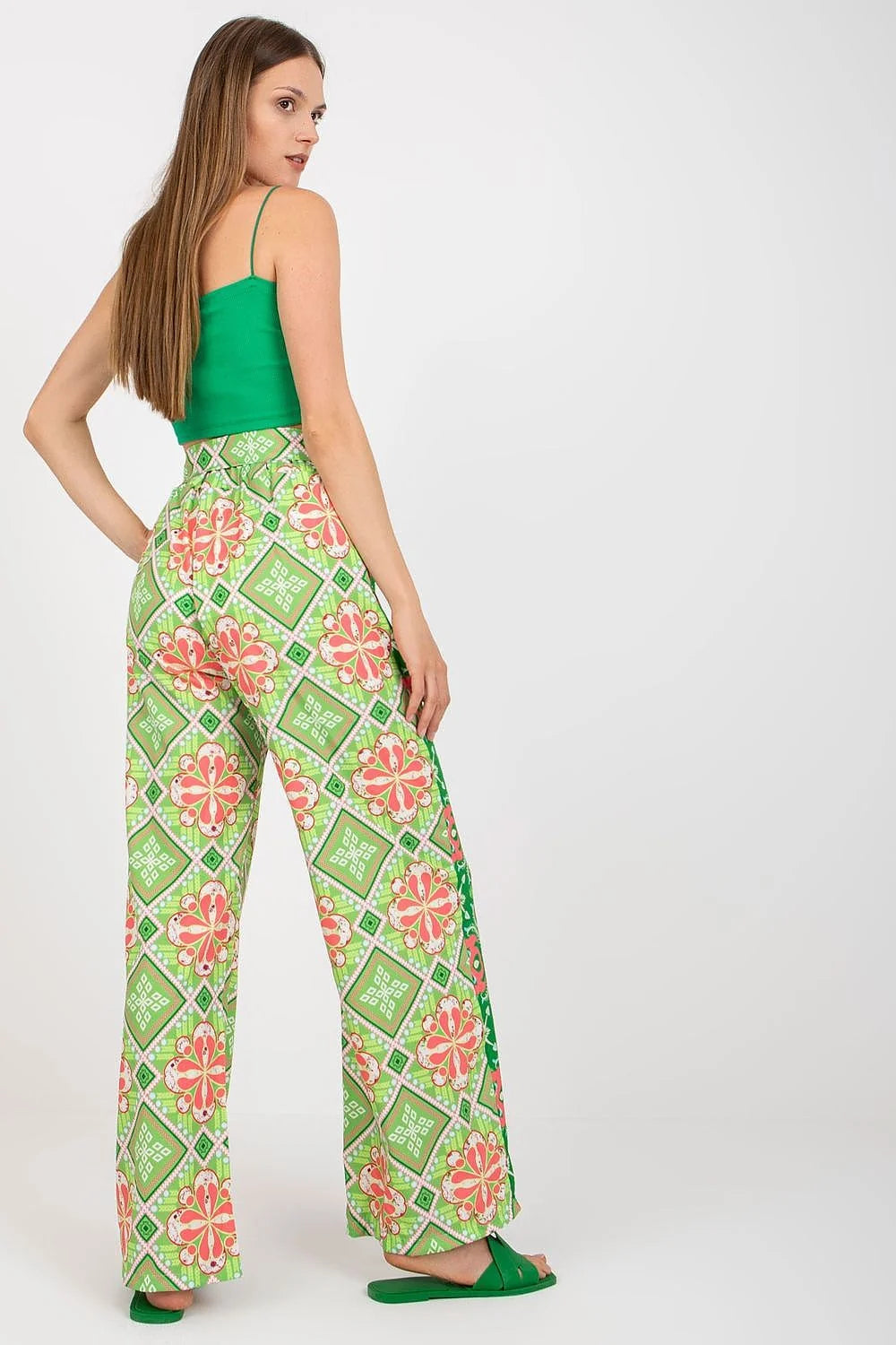 Pantalon femme Italy Moda haute taille jambes larges elastique lien design floral geometrique vert rose bleu blanc summer Casual