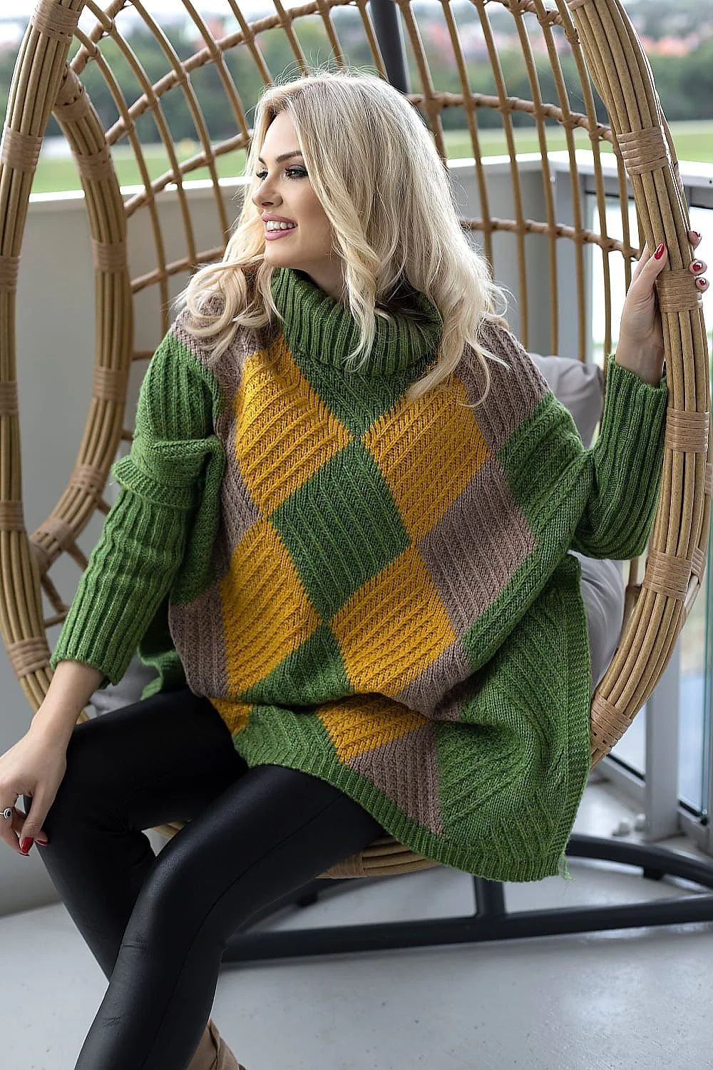 Poncho féminin élégant col roulé motif losanges crème brun gris maille épaisse automne hiver taille universelle