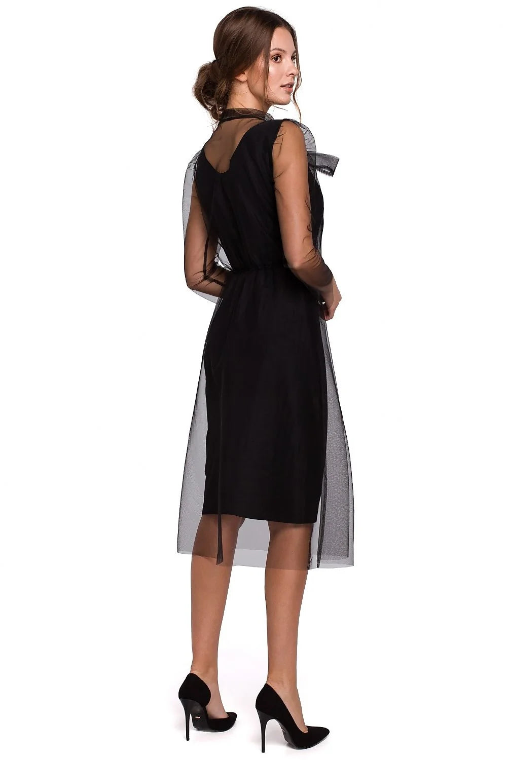Robe cocktail tulle noir élégante moderne vieux rose superposée nœud transparent femme chic tendance