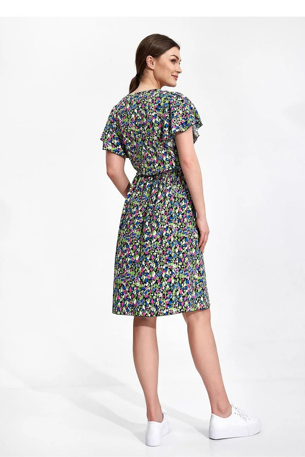 Robe d'été à motifs floraux colorés en viscose, manches courtes en volants, taille élastique, occasion jour/fête, femme S/M-L/XL