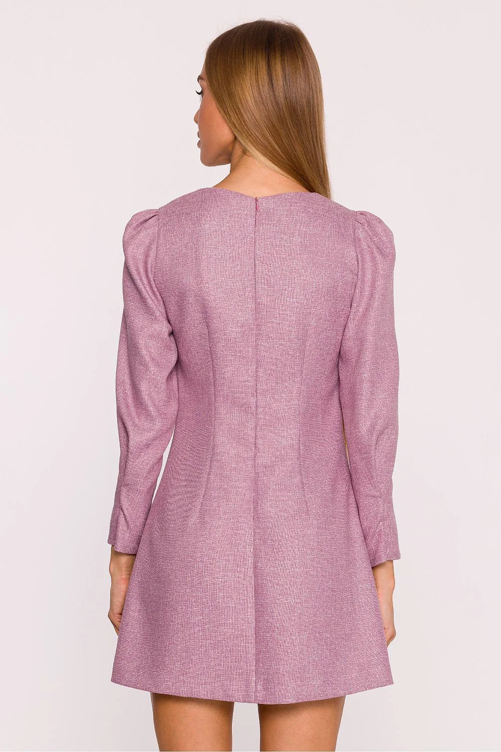 robe tweed chiné rose poudré mini trapèze encolure bateau manches longues froncées épaules bouffantes poches plaquées nœuds bijoux dorés