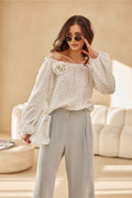 chemisier femme coton léger fluide manches longues bouffantes décolleté élastique épaules élastiquées fleur appliquée gauche espagnol élégant confortable respirant polyvalent