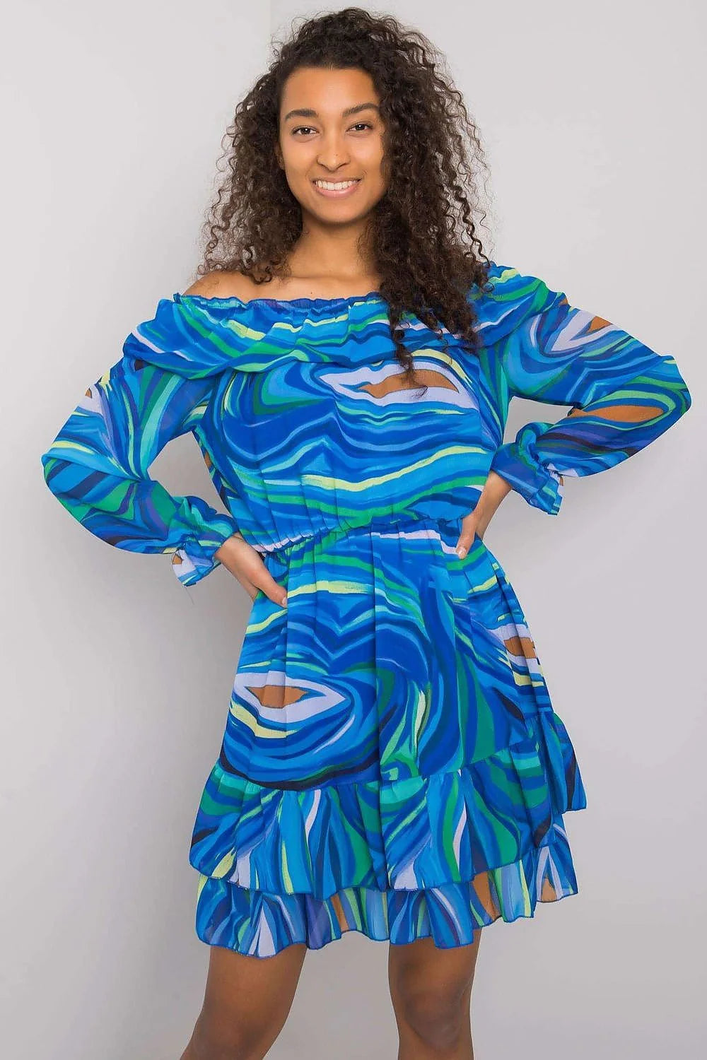 Robe de jour Italy Moda style espagnol décolleté Bardot manches longues élasthanne polyester viscose taille universelle 85 cm 92 cm