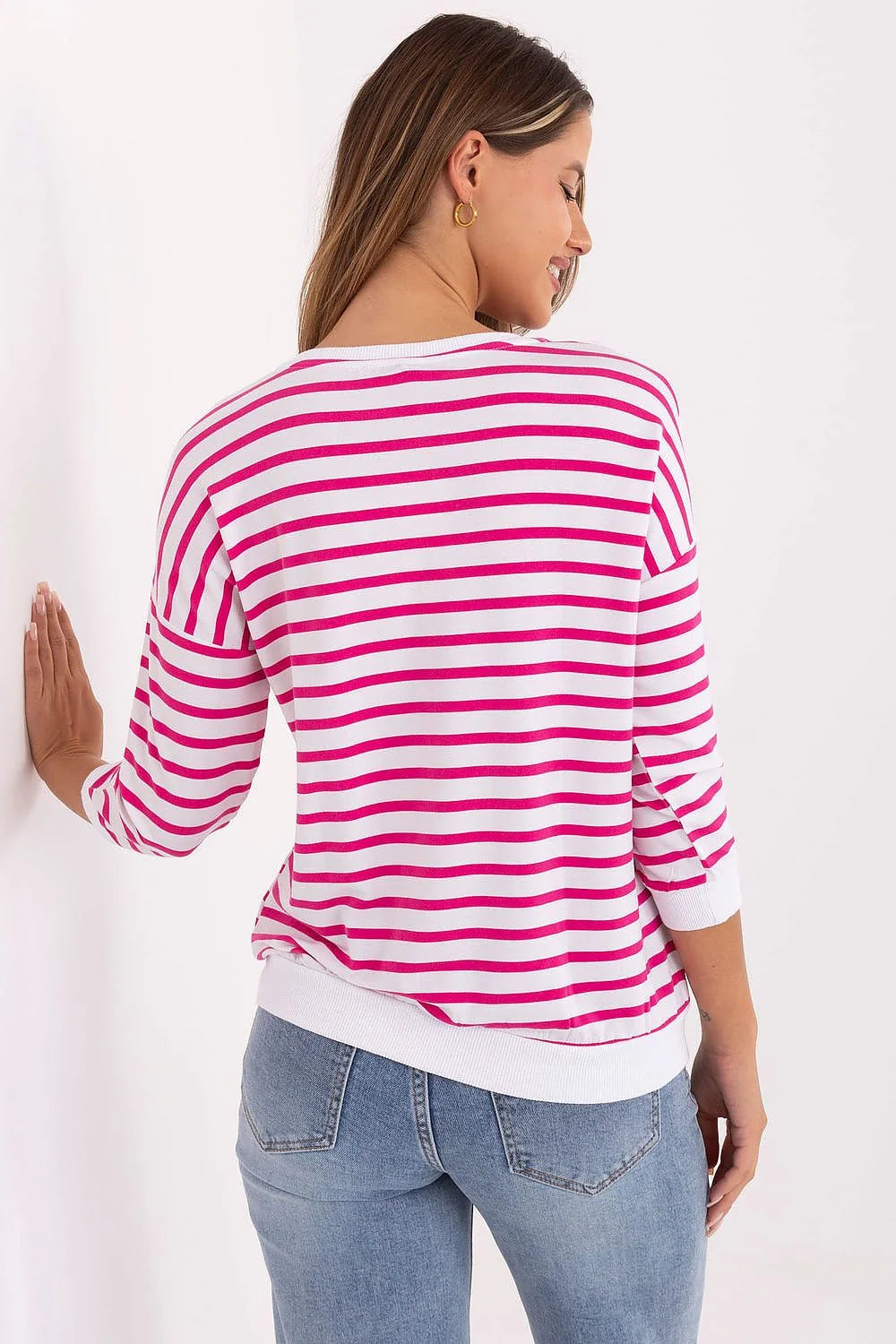 chemise femme marinière rayures horizontales fuchsia blanc col rond manches troisquarts micromodal doux élasthanne confortable coupe décontractée logo mia mia