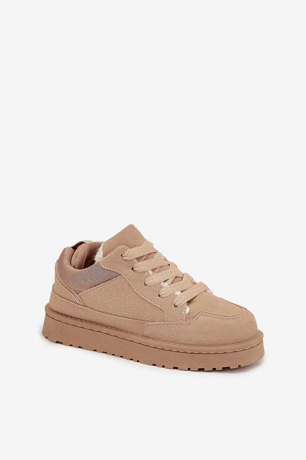 sneakers femme suédine écologique beige plateforme chunky crantée gomme épaisse amorti adhérence stabilité lacets plats doublure fourrure synthétique