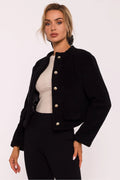 Sweatshirt pour femme court en tissu bouclé noir boutons dorés coupe ajustée modern style élégant polyester 100% made in Poland