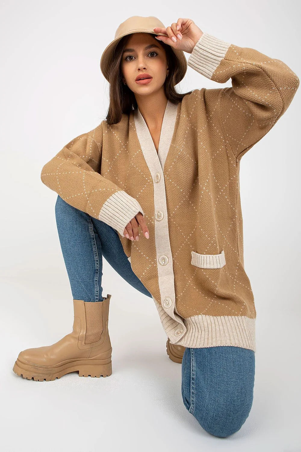 Cardigan Rue Paris style argyle noir blanc manches longues poches boutons fermeture tricot côtelé