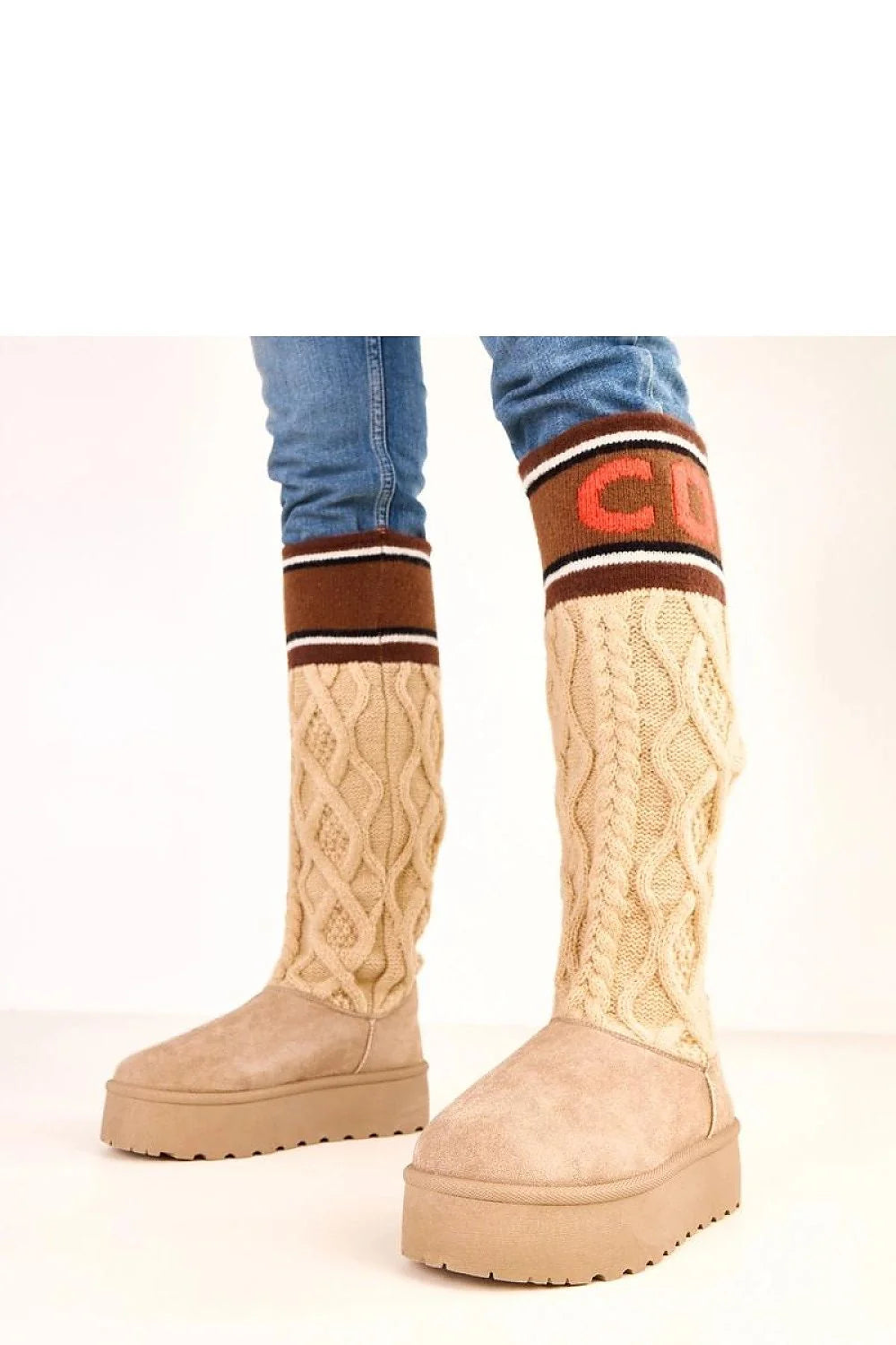 bottes neige femme chaudes tige haute cuir écologique daim beige maille torsadée bordcôte marron rayures bout rond plateforme crantée thermique