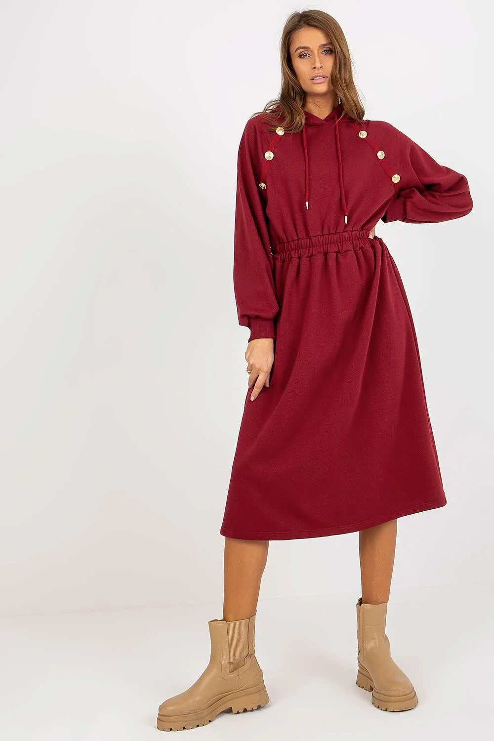 Robe de jour Relevance en coton et elasthanne, manches longues, capuche, boutons decoratifs, couleur verte, style casual, pour femme