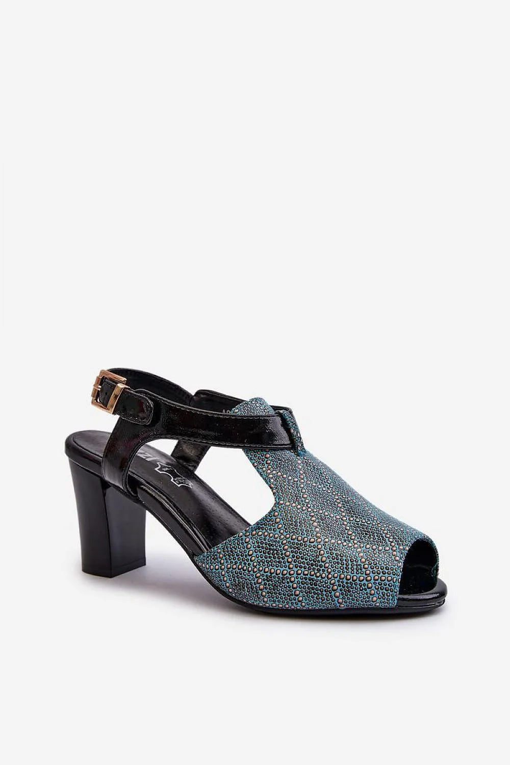 sandales femmes élégantes contemporaines talon bloc stable cuir artificiel texturé turquoise pailleté brides vernis noir boucle dorée réglable confortable sophistiquées