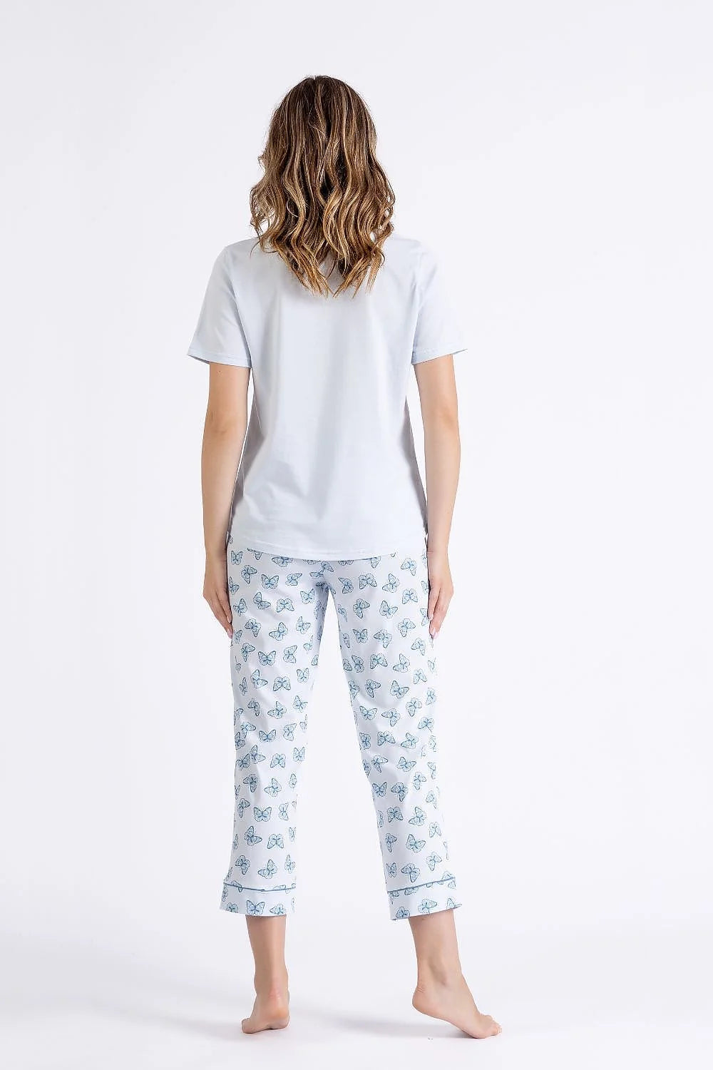 Pyjama femme confortable style papillon imprimé manches courtes col rond coton blanc bleu nuit détente cadeau